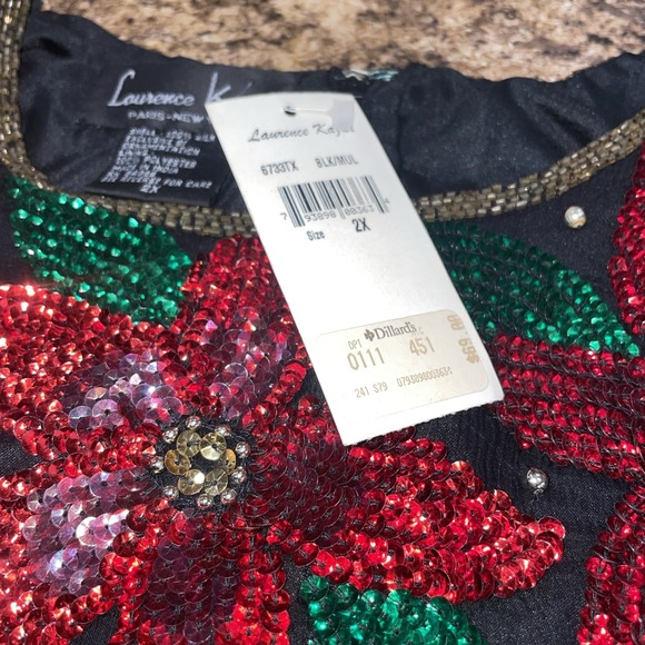 VTG Laurence Kazar Women's Black Sequined Beaded Poinsettia Christmas Top 2X NWT - Picture 14 of 16